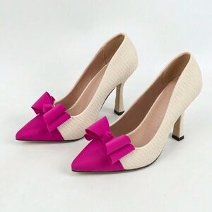 Women's High Heels, Pointed Toe, Thin Heel, White & Pink Color Block, Elegant